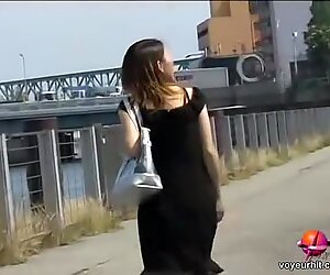 Noisy skinny cutie flashes her bushy pussy when sharking fella grabs her dress